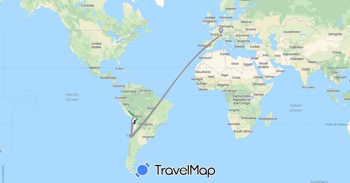 TravelMap itinerary: driving, bus, plane in Bolivia, Switzerland, Chile, Spain, Peru (Europe, South America)